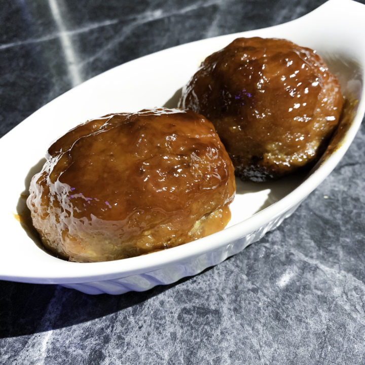 Two Ham Balls in serving dish